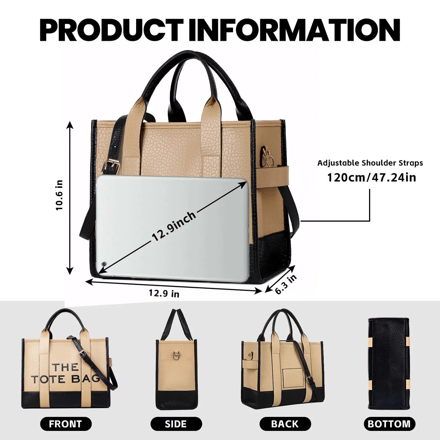 Tote Bags,Leather Dark Khaki Leisure Bags with Zipper,Medium Shopping Handbags for Women