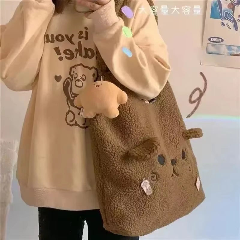 New Winter Soft Plush Tote Bag Women Cartoon Embroidery Imitation Lamb Hair Shoulder Bag for Women Shopper Bag Bolsa No Pendant