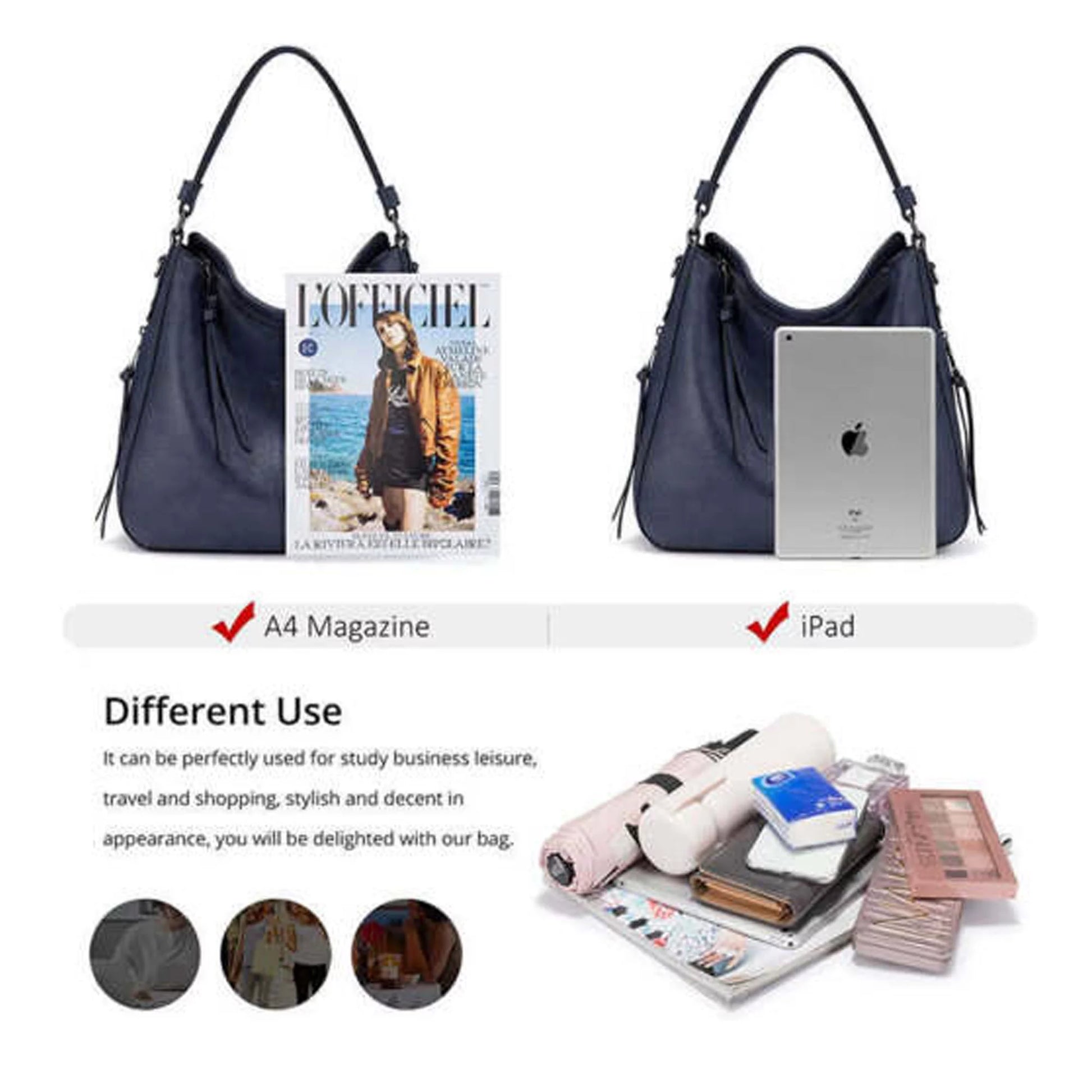 Handbags for Women Large Designer Ladies Hobo Bag Bucket Purse Faux Leather-Dark Blue